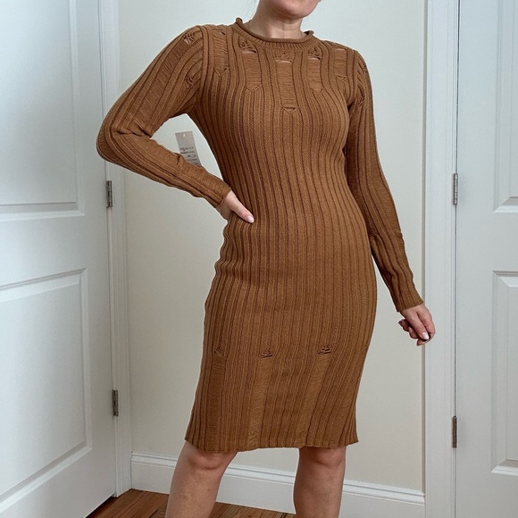 Rib Knit Long Sleeve Knee Length Body Con Dress - Picture 2 of 13